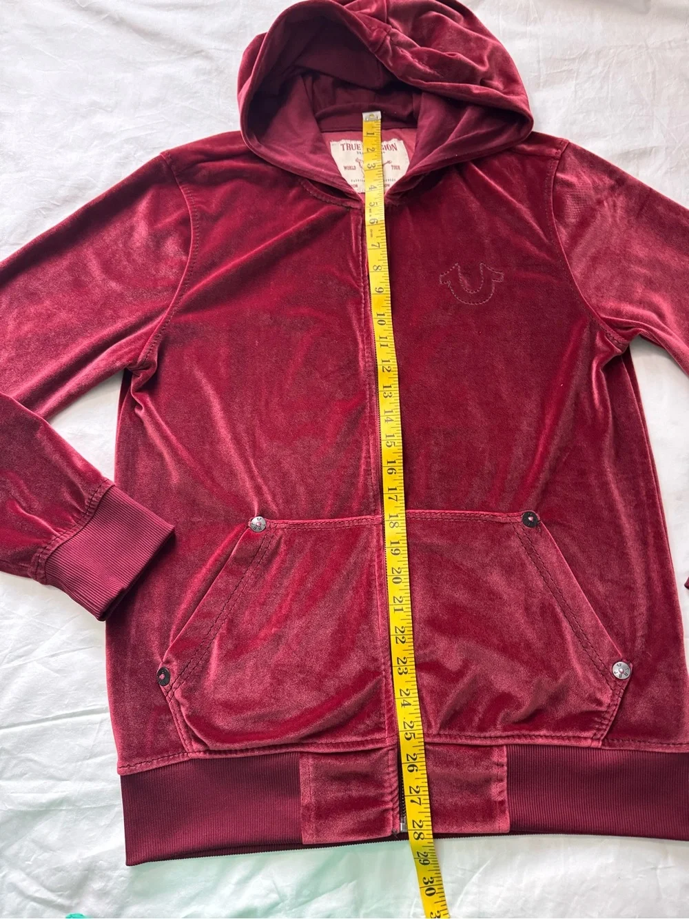 True Religion Men's Velour Zip-Up Hoodie in a deep burgundy or maroon color.